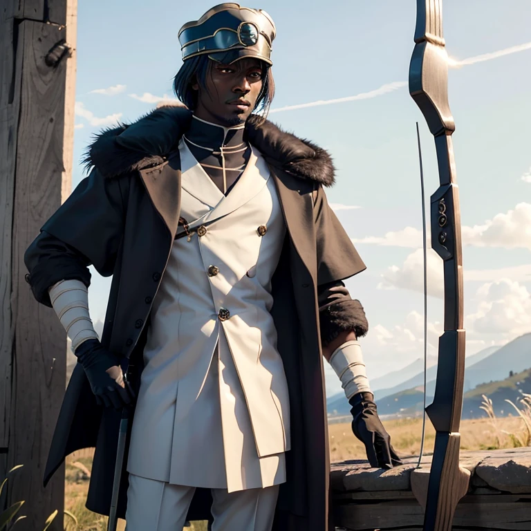 Dark-skinned medieval man in an elegant fur jacket and an eye patch pointing a simple crossbow with a magic arrow resting on his shoulder while looking serious and bored, assim como Lille Barro de Bleach; the setting is a grassy field