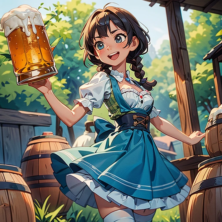 woman\(cute,kawaii,small kid,skin color white,barma1d3n,dirndl,dress,german clothes,beer,thighhighs,braid,high heels,twin braids,holding many beer mug,big smile,big breast,german\),background\(bavarian folk festival,outside,beer barrels,beer mug,mug,dynamic angle,dynamic pose\), BREAK ,quality\(8k,wallpaper of extremely detailed CG unit, ​masterpiece,hight resolution,top-quality,top-quality real texture skin,hyper realisitic,increase the resolution,RAW photos,best qualtiy,highly detailed,the wallpaper,cinematic lighting,ray trace,golden ratio,\),