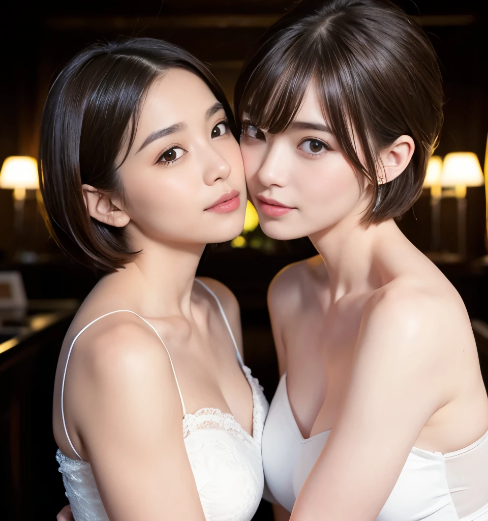 highest quality、8k、Best image quality、Professional Lighting、Natural light、Ultra-high resolution、Clear photos、Beautiful and delicate skin、No makeup、thin、very cute３people、White skin、Short Bob Hair、Brown Hair、Exquisite appearance、Affectionate３people:1.8、Kiss３people:1.8、Embrace each other:1.8、Put your lips on it:1.6、Detailed Background、３peopleアイドルグループのメンバー:1.6
