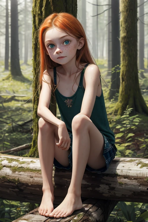一位 10 岁俄罗斯女孩的写实肖像, 独自的,
美丽的女孩, 闪亮的绿眼睛, 完美的眼睛,
苗条, 小乳房, 脸上和肩膀上有很多雀斑, 浅橙色听到, 小骨盆, 腿又长又细, 很长的头发, 儿童身体, 不好, 没有衬衫, (乳头), 全身可见, 可见的乳房, 赤脚,
坐在黑暗恐怖的森林里黑树成荫的木头上,
狐狸伙伴