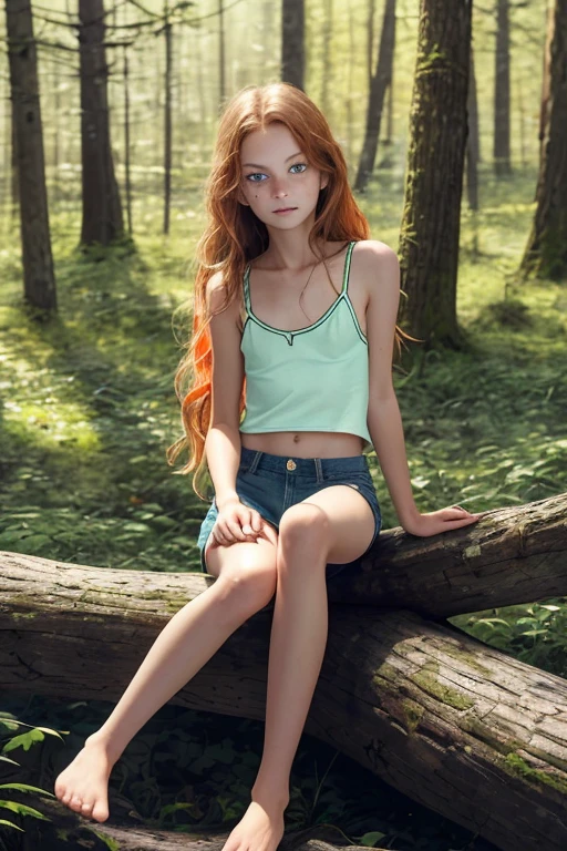 一位 14 岁俄罗斯女孩的写实肖像, 独自的,
美丽的女孩, 闪亮的绿眼睛, 完美的眼睛,
苗条, 小乳房, 脸上和肩膀上有很多雀斑, 浅橙色听到, 小骨盆, 腿又长又细, 很长的头发, 儿童身体, 不好, 没有衬衫, (乳头), 全身可见, 可见的乳房, 赤脚,
坐在黑暗恐怖的森林里黑树成荫的木头上,
狐狸伙伴