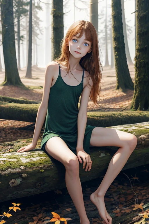 一位 13 岁俄罗斯女孩的写实肖像, 独自的,
美丽的女孩, 闪亮的绿眼睛, 完美的眼睛,
苗条, 小乳房, 脸上和肩膀上有很多雀斑, 浅橙色听到, 小骨盆, 腿又长又细, 很长的头发, 儿童身体, 不好, 没有衬衫, (乳头), 全身可见, 可见的乳房, 赤脚,
坐在黑暗恐怖的森林里黑树成荫的木头上,
狐狸伙伴