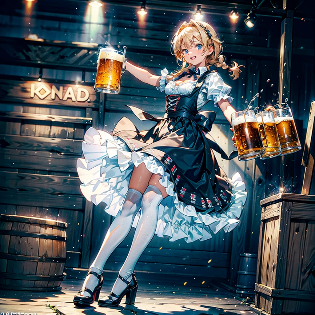 woman\(cute,kawaii,small kid,skin color white,barma1d3n,dirndl,dress,german clothes,beer,thighhighs,braid,high heels,twin braids,holding many beer mug,big smile,big breast,german\),background\(bavarian folk festival,outside,beer barrels,beer mug,mug,dynamic angle,dynamic pose\), BREAK ,quality\(8k,wallpaper of extremely detailed CG unit, ​masterpiece,hight resolution,top-quality,top-quality real texture skin,hyper realisitic,increase the resolution,RAW photos,best qualtiy,highly detailed,the wallpaper,cinematic lighting,ray trace,golden ratio,\),