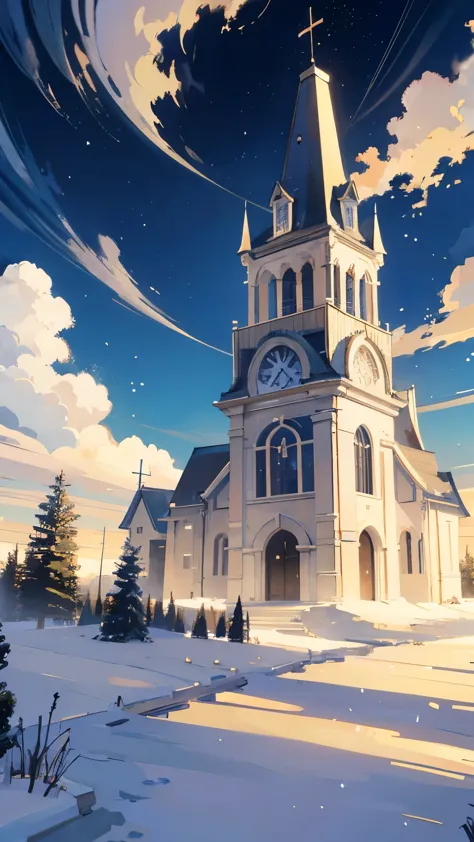 anime landscape with a small church, church has top of the cross symbol and a tree in the middle, anime countryside landscape, a...