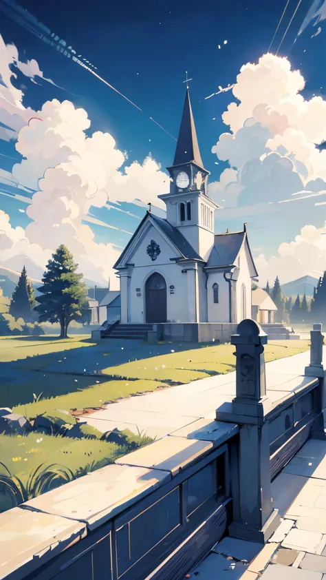 anime landscape with a small church, church has top of the cross symbol and a tree in the middle, anime countryside landscape, a...