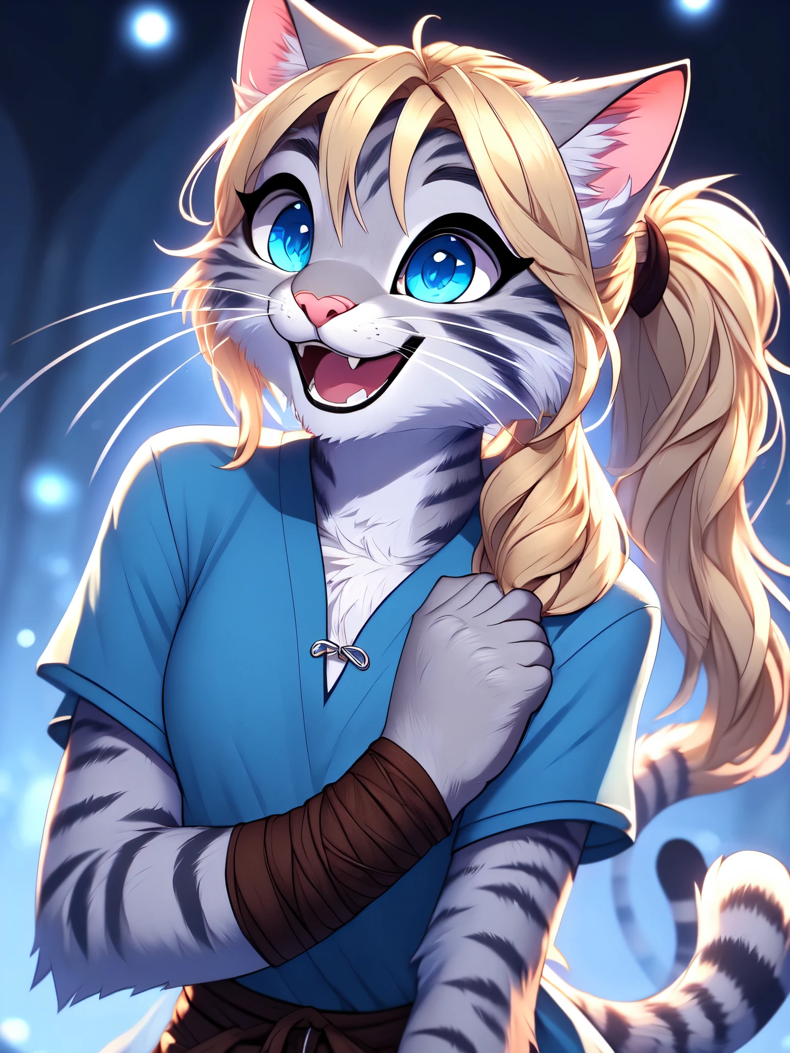 Kat, anthro furry feline, blue eyes, silver fur, striped fur, :3, pink nose, white whiskers, cat tail, blonde hair, side locks, hair in a pony tail, wearing blue tunic, close up, portrait, big smile, happy, upper body shot, big happy open mouth smile, 