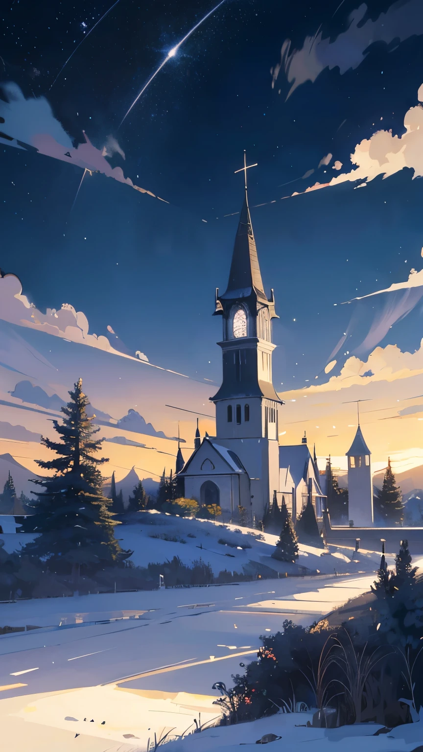 anime landscape with a small church, Church has top of the cross symbol and a tree in the middle, anime countryside landscape, anime landscape wallpaper, beautifully puffy clouds(( dark night )). anime, anime landscape, hd wallpaper, beautiful anime scenery, anime clouds, beautiful anime scene, anime scenery, studio ghibli sky, high quality desktop wallpaper, anime beautiful peace scene!!!,