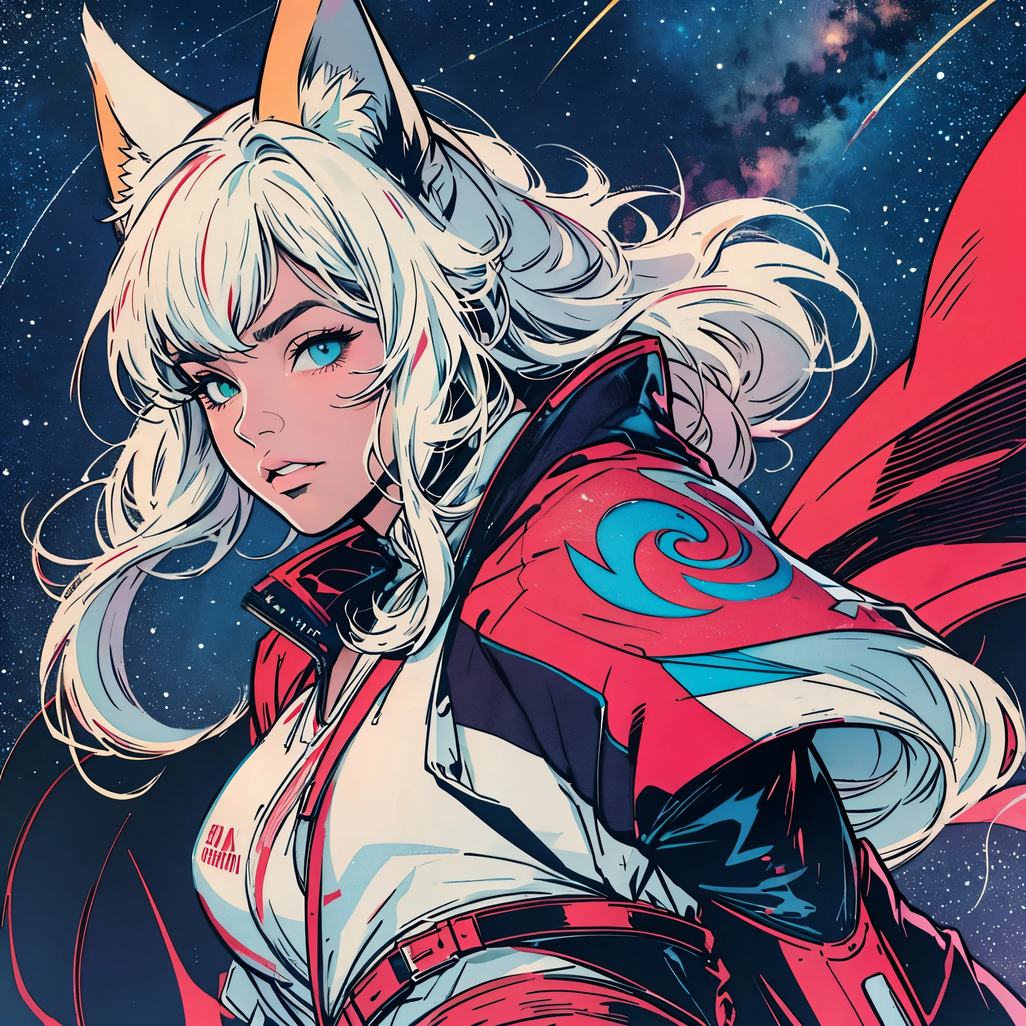 ultimate best quality,beautiful woman,speech bubble,big brest,60s,70s,80s,colorful,((Heterochromia)),various angle,beautiful starry sky, samurai ninja FOX