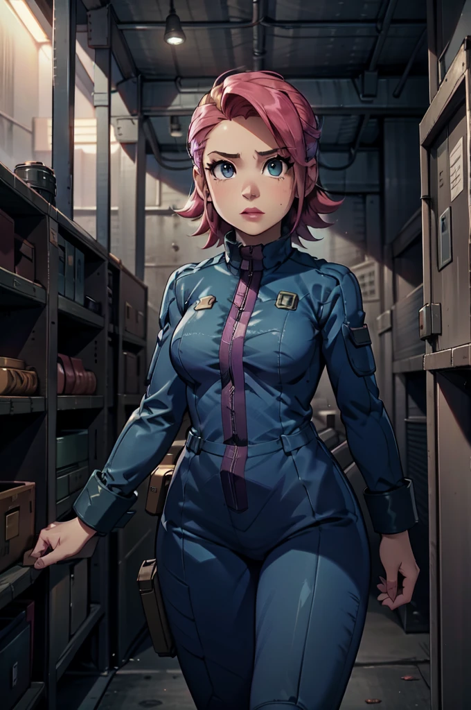 Mayl Sakurai reimagined as a vault dweller, doing maintenance in an underground vault. Her vibrant pink hair stands out against the dimly lit environment. She is a 26-year-old woman dressed in a vault dweller jumpsuit, indicative of her role in the post-apocalyptic world. The jumpsuit is worn but still functional, reflecting the harsh conditions of life underground. Her face is beautifully detailed, with expressive eyes that convey determination and intelligence. Her lips are also well-defined, adding to her overall allure.

In the vault, Mayl Sakurai is seen operating a pipboy, a wrist-worn device that serves as an essential tool and information hub for survival in the vault. The pipboy's screen emits a soft glow, illuminating Mayl's face and casting a subtle green hue on the surroundings. The details on the pipboy, from its buttons to its display, are extremely detailed, showcasing its futuristic design.

The underground vault is filled with mechanical equipment and pipes, emphasizing the importance of maintenance in this post-apocalyptic world. The atmosphere is gritty and industrial, with a hint of mystery and danger. The lighting is dim and has a hint of blue tones, enhancing the underground ambiance.

Despite the grim surroundings, Mayl Sakurai exudes confidence and strength as she jumps into action, ready to fulfill her duties as a vault dweller. Her posture and expression suggest that she is prepared to face any challenge that comes her way.

The image quality should be at its best, with 4K resolution and ultra-detailed rendering, capturing every intricate detail of the scene. The colors should be vivid, emphasizing the contrast between Mayl's vibrant pink hair and the dimly lit environment. The overall style should lean towards a post-apocalyptic concept art aesthetic, blending realism with a touch of fantasy.

In summary, the Stable Diffusion prompt for the provided theme would be:
Mayl Sakurai reimagined as a vault dweller, doing maintenance in an undergr