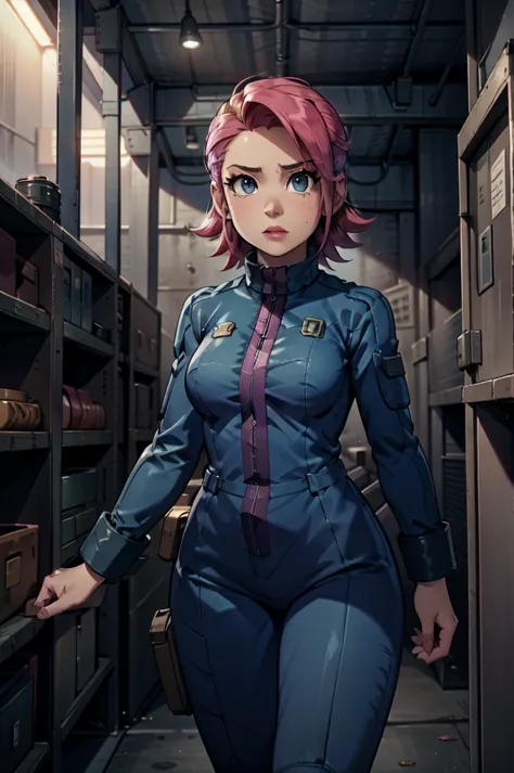 Mayl Sakurai reimagined as a vault dweller, doing maintenance in an underground vault. Her vibrant pink hair stands out against ...