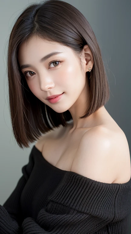 (((Close-up of face)))、(((Absolutely shoulder-length brown straight short bob)))、(((She is posing like a hair salon model, with a black wall indoors as the background.)))、(((Casual black winter long sleeves with shoulders covered)))、Half Japanese, half Korean、18 year old girl、Standing Alone、Looking forward、Light eye makeup、Brown Hair Color、Flat and 、Hair blowing in the wind、Actress Quality、Glossy, ultra-realistic face、Smiling face、Watery eyes、Gazing Up、Subtle lighting effects、 Ultra-Realistic Capture、Very detailed、High resolution 16K close up of human skin。Skin texture must be natural、The details must be such that pores can be clearly seen、The skin is healthy、Uniform tone、Use natural light and colors、A worn-out, high-quality photo taken by a model agency&#39;s in-house photographer.、smile、(((SIGMA 300 mm F/1.4,1/1000 sec shutter,ISO 400))) 