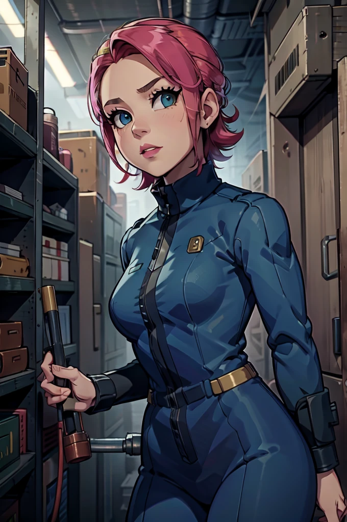 Mayl Sakurai reimagined as a vault dweller, doing maintenance in an underground vault. Her vibrant pink hair stands out against the dimly lit environment. She is a 26-year-old woman dressed in a vault dweller jumpsuit, indicative of her role in the post-apocalyptic world. The jumpsuit is worn but still functional, reflecting the harsh conditions of life underground. Her face is beautifully detailed, with expressive eyes that convey determination and intelligence. Her lips are also well-defined, adding to her overall allure.

In the vault, Mayl Sakurai is seen operating a pipboy, a wrist-worn device that serves as an essential tool and information hub for survival in the vault. The pipboy's screen emits a soft glow, illuminating Mayl's face and casting a subtle green hue on the surroundings. The details on the pipboy, from its buttons to its display, are extremely detailed, showcasing its futuristic design.

The underground vault is filled with mechanical equipment and pipes, emphasizing the importance of maintenance in this post-apocalyptic world. The atmosphere is gritty and industrial, with a hint of mystery and danger. The lighting is dim and has a hint of blue tones, enhancing the underground ambiance.

Despite the grim surroundings, Mayl Sakurai exudes confidence and strength as she jumps into action, ready to fulfill her duties as a vault dweller. Her posture and expression suggest that she is prepared to face any challenge that comes her way.

The image quality should be at its best, with 4K resolution and ultra-detailed rendering, capturing every intricate detail of the scene. The colors should be vivid, emphasizing the contrast between Mayl's vibrant pink hair and the dimly lit environment. The overall style should lean towards a post-apocalyptic concept art aesthetic, blending realism with a touch of fantasy.

In summary, the Stable Diffusion prompt for the provided theme would be:
Mayl Sakurai reimagined as a vault dweller, doing maintenance in an undergr