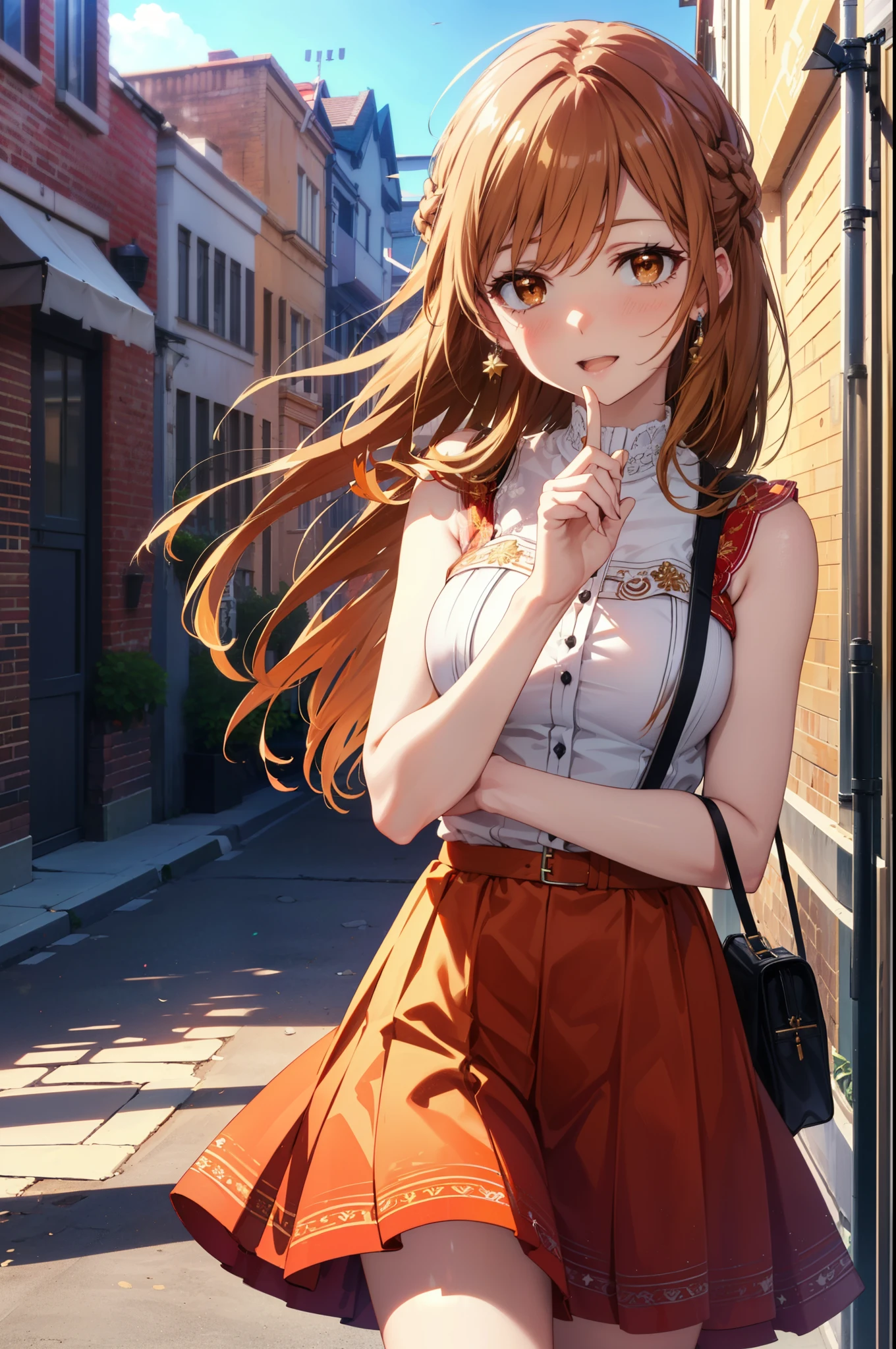 a sun ayuuki, a sun a yuuki, Long Hair, Brown Hair, (Brown eyes:1.8),happy smile, smile, Open your mouth,Red sleeveless dress,Red long skirt,Cute heeled sandals,True Summer,Daytime,Clear skies,
break outdoors, In town,Building district,
break looking at viewer, (Cowboy Shot:1.5),
break (masterpiece:1.2), highest quality, High resolution, unity 8k wallpaper, (figure:0.8), (Beautiful fine details:1.6), Highly detailed face, Perfect lighting, Highly detailed CG, (Perfect hands, Perfect Anatomy),