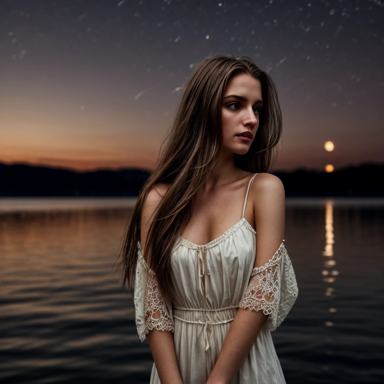 best quality, ultra-detailed, an extremely delicate and beautiful, depth of field, ultra high res, (photorealistic:1.4), 1 woman, long hair, casual wear, cute, lakeside, (night:1.5)