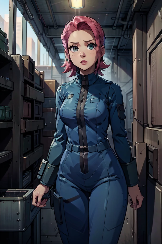 Mayl Sakurai reimagined as a vault dweller, doing maintenance in an underground vault. Her vibrant pink hair stands out against the dimly lit environment. She is a 26-year-old woman dressed in a vault dweller jumpsuit, indicative of her role in the post-apocalyptic world. The jumpsuit is worn but still functional, reflecting the harsh conditions of life underground. Her face is beautifully detailed, with expressive eyes that convey determination and intelligence. Her lips are also well-defined, adding to her overall allure.

In the vault, Mayl Sakurai is seen operating a pipboy, a wrist-worn device that serves as an essential tool and information hub for survival in the vault. The pipboy's screen emits a soft glow, illuminating Mayl's face and casting a subtle green hue on the surroundings. The details on the pipboy, from its buttons to its display, are extremely detailed, showcasing its futuristic design.

The underground vault is filled with mechanical equipment and pipes, emphasizing the importance of maintenance in this post-apocalyptic world. The atmosphere is gritty and industrial, with a hint of mystery and danger. The lighting is dim and has a hint of blue tones, enhancing the underground ambiance.

Despite the grim surroundings, Mayl Sakurai exudes confidence and strength as she jumps into action, ready to fulfill her duties as a vault dweller. Her posture and expression suggest that she is prepared to face any challenge that comes her way.

The image quality should be at its best, with 4K resolution and ultra-detailed rendering, capturing every intricate detail of the scene. The colors should be vivid, emphasizing the contrast between Mayl's vibrant pink hair and the dimly lit environment. The overall style should lean towards a post-apocalyptic concept art aesthetic, blending realism with a touch of fantasy.

In summary, the Stable Diffusion prompt for the provided theme would be:
Mayl Sakurai reimagined as a vault dweller, doing maintenance in an undergr