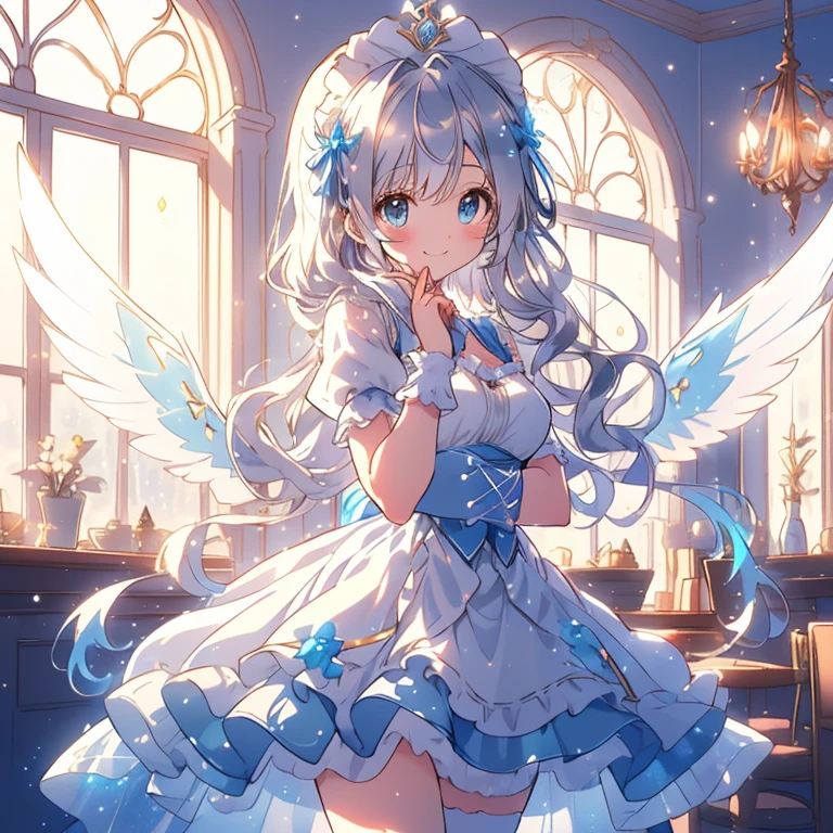 A young girl with sparkling round blue eyes, smiling expression, soft and gentle aura, anime style. Full body. She wears a fluffy, elaborate, cute maid outfit in blue, decorated with delicate, detailed ribbons and lace. Her hair is wavy silver with light blue mesh, and she wears a headpiece that matches her outfit. She has translucent light blue angel wings that give her a fantastic aura. The background is a warm coffee shop interior filled with sparkling dust and soft glowing light, adding to the fantastic, dreamlike atmosphere. (( Clean line drawing with high detail, top quality, top quality ))
