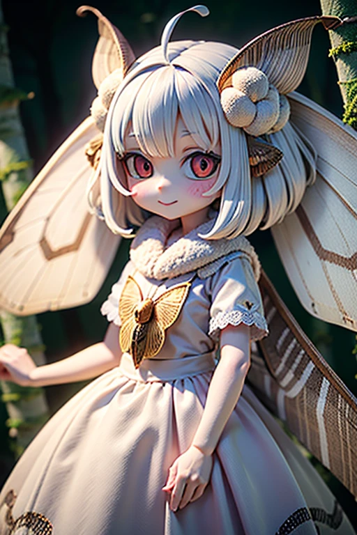 solo,1woman\(cute,kawaii,small kid,skin color white,short white hair,(big moth wing hair:1.7),white dress\(beautiful race\),(2moth antennaes at hair:1.2),big evil smile,[moth wing on back:2.0],[moth wing on body:2.0],[moth wings:2.0],[extra arm],moth wing is only at hair\),background\(dappled sunlight,beautiful forest,dark,\), BREAK ,quality\(8k,wallpaper of extremely detailed CG unit, ​masterpiece,hight resolution,top-quality,top-quality real texture skin,hyper realisitic,increase the resolution,RAW photos,best qualtiy,highly detailed,the wallpaper,cinematic lighting,ray trace,golden ratio,\)