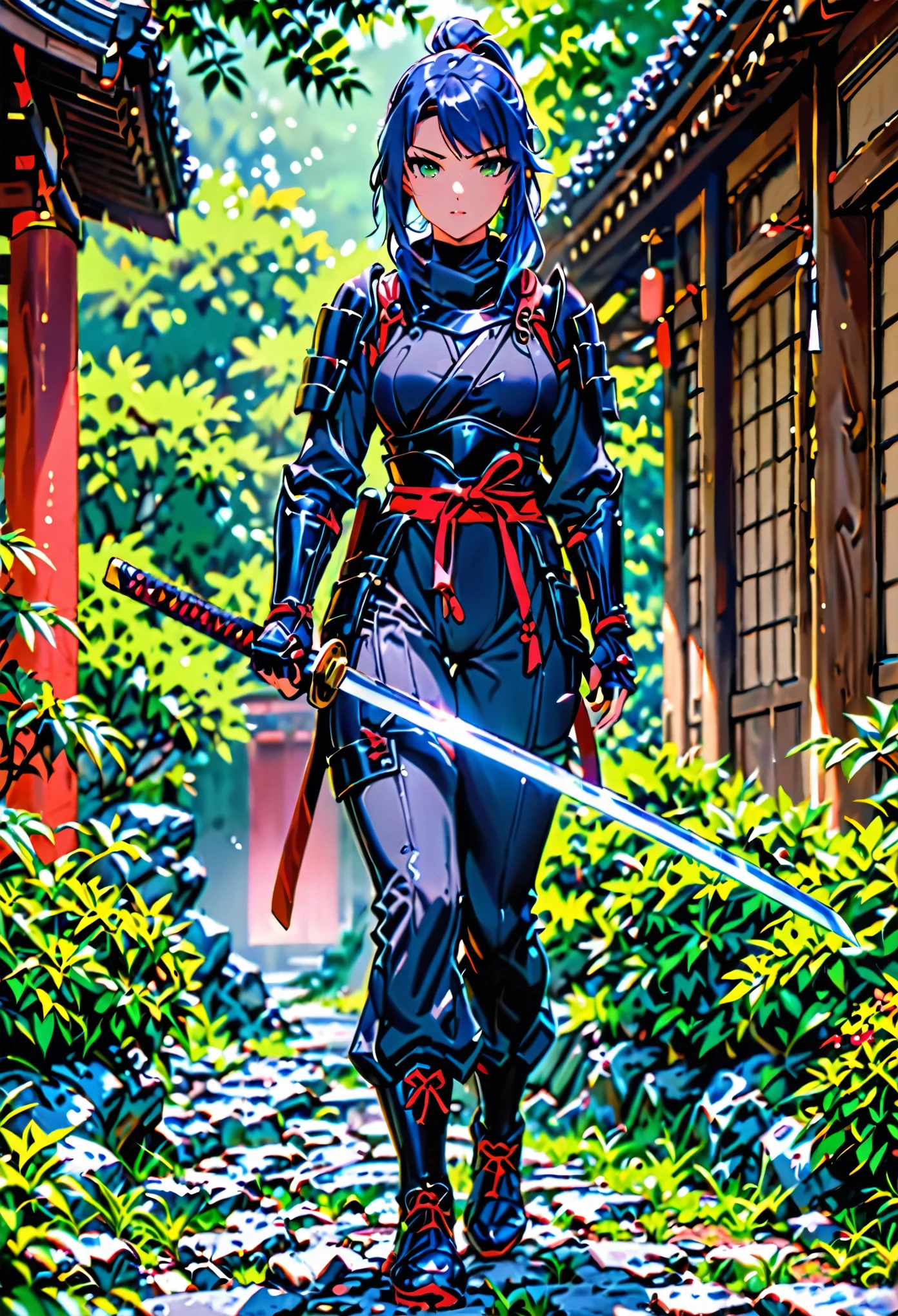 best quality, masterpiece, highres, 1girl, female ninja, blue hair, medium hair, ponytail, green eyes, tight black bodysuit, armored, holding katana, full body shot, solo