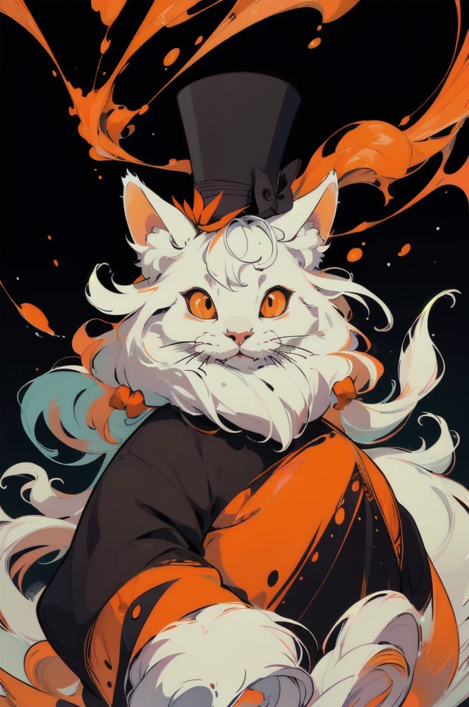 masterpiece, best quality, ultra high res, a cute sage bunny, animal, beautiful, visually stunning, elegant, incredible details, award-winning painting, high contrast, vector art, line art, splatter, flat color, color merge gradient, (bunny:0.7), (dark orange theme:1.2), glowing, neon, (fluffy:1.2), top hat, cat eyes, long beard, wise, violet, (no humans:1.4)