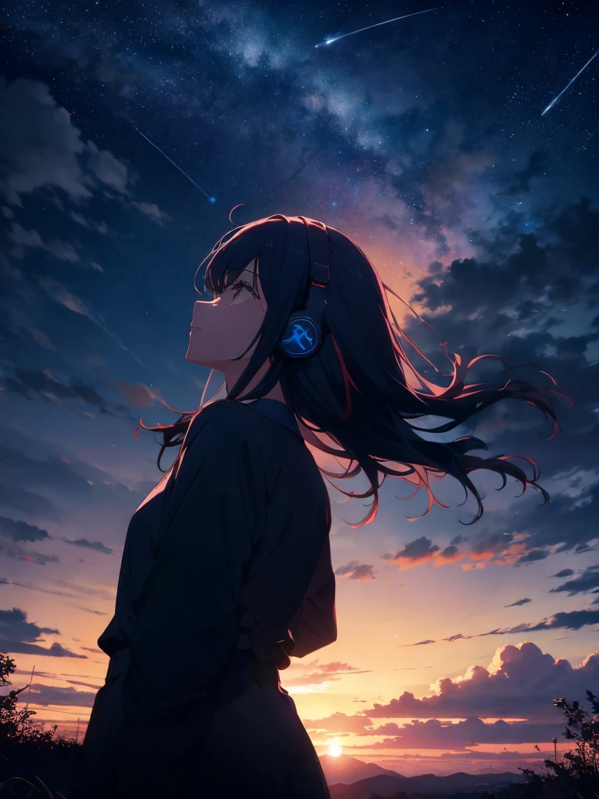 sunset、hill、cloud、Long Hair、woman、silhouette、Back view、Beautiful starry sky、Look up at the sky、The wind is blowing、Wide sky、Headphones、shooting star