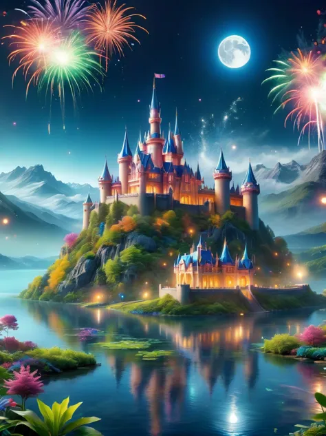 (A mysterious dream castle:1.5), night，(moon:1.5)，(Bubbles)，(fireworks:1.5)，Dreams，(Psychedelic)，(Neon light)，In dreams，A hidden...
