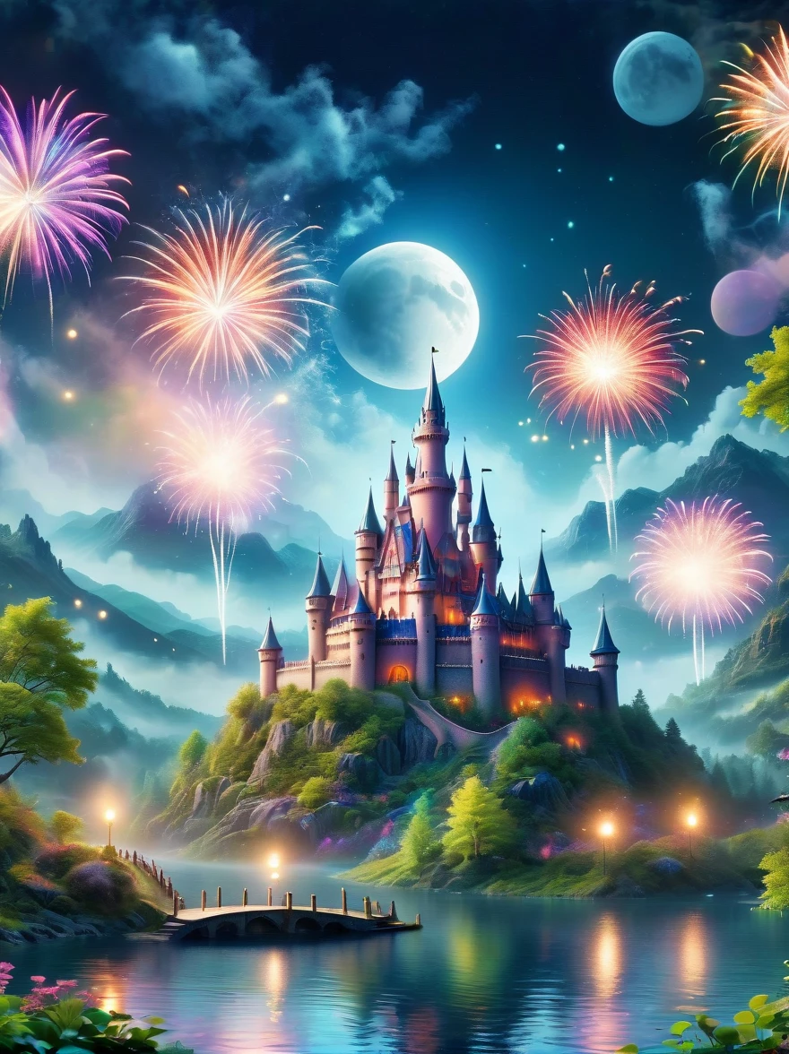 (A mysterious dream castle:1.5), night，(moon:1.5)，(Bubbles)，(fireworks:1.5)，Dreams，(Psychedelic)，(Neon light)，In dreams，A hidden lake，Bright colors，A Glowing Feast，Add a unique character emitting the ethereal aura of a fantasy creature by the water。Wide angle lens，Make it panoramic，Showcasing stunning castle woodland scenery，This magical scene is full of the essence of the fantasy world, Fine fractal，smooth，vivid，Color ink，sketch，Shiny silhouette