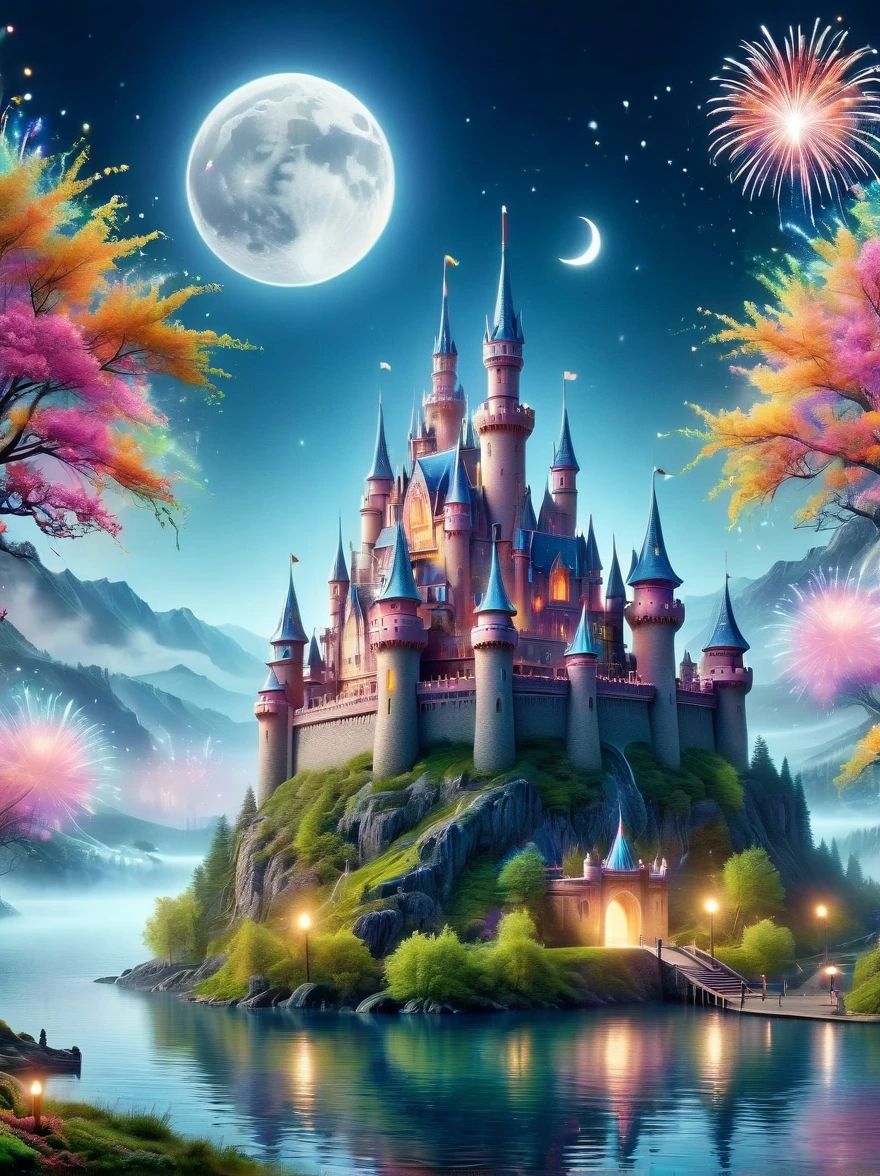 (A mysterious dream castle:1.5), night，(moon:1.5)，(Bubbles)，(fireworks:1.5)，Dreams，(Psychedelic)，(Neon light)，In dreams，A hidden lake，Bright colors，A Glowing Feast，Add a unique character emitting the ethereal aura of a fantasy creature by the water。Wide angle lens，Make it panoramic，Showcasing stunning castle woodland scenery，This magical scene is full of the essence of the fantasy world, Fine fractal，smooth，vivid，Color ink，sketch，Shiny silhouette