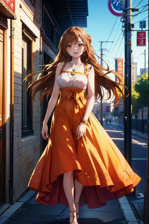 a sun ayuuki, a sun a yuuki, long hair, brown hair, (brown eyes:1.8),happy smile, smile, open your mouth,locket necklace,red sle...