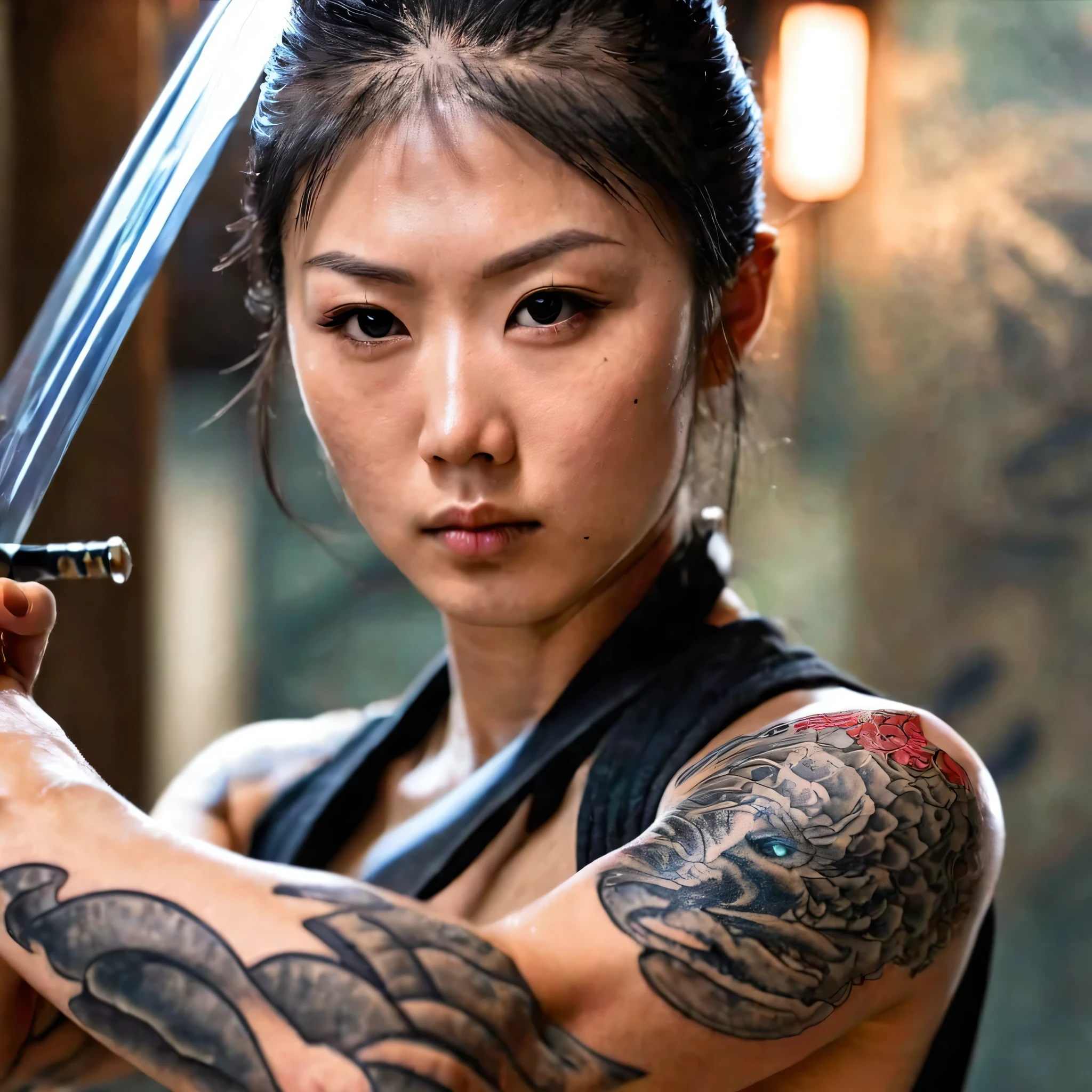 art réflexif. Une belle femme japonaise avec des tatouages sur le visage et le corps dans une lame de katana réfléchissante. Prise de vue en gros plan le long de la lame. se concentrer sur le reflet d&#39;une femme . Un travail photo unique digne de remporter 35 awards. L&#39;arrière-plan est flou. Un chef-d&#39;œuvre . composition parfaite, beau rendu d&#39;octane incroyablement détaillé et complexe