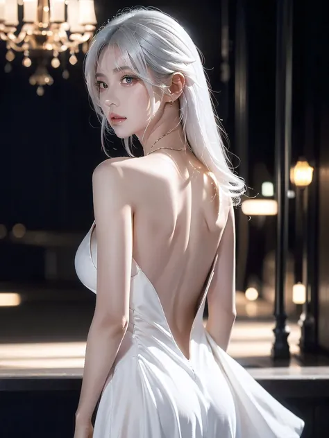 best quality, masterpiece, ultra high res, (photorealistic:1.4), RAW photo , (white hair:1.3),  , night view, backless dress, (b...