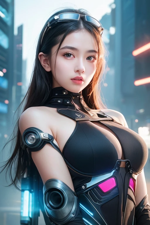 Close-up of a woman in a futuristic off-the-shoulder outfit with goggles on her head, Fantasy Artwork, Attention to detail, Cyberpunk art、8k、RAW Photos、highest quality、Real、Photorealistic、Professional Lighting、mix4、20d、Beautiful Teenage Woman、Japanese、1 female、Big beautiful eyes、Larger breasts、whole body、