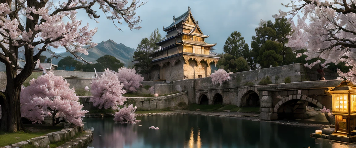 ((masterpiece, highest quality, Highest image quality, High resolution, photorealistic, Raw photo, 8K)), ((Extremely detailed CG unified 8k wallpaper)), An old castle at night, cherry trees planted along the moat are bewitchingly lit by torchlight, cherry blossoms reflected on the water surface create a magical atmosphere, a large moon floats in the dark sky, cherry petals are scattered in the mist surrounding the area, fine petals and water texture, the ridge of the castle in the moonlight,