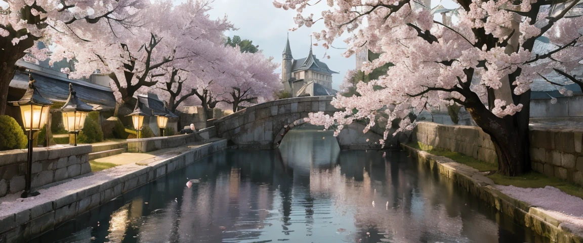 ((masterpiece, highest quality, Highest image quality, High resolution, photorealistic, Raw photo, 8K)), ((Extremely detailed CG unified 8k wallpaper)), An old castle at night, cherry trees planted along the moat are bewitchingly lit by torchlight, cherry blossoms reflected on the water surface create a magical atmosphere, a large moon floats in the dark sky, cherry petals are scattered in the mist surrounding the area, fine petals and water texture, the ridge of the castle in the moonlight,