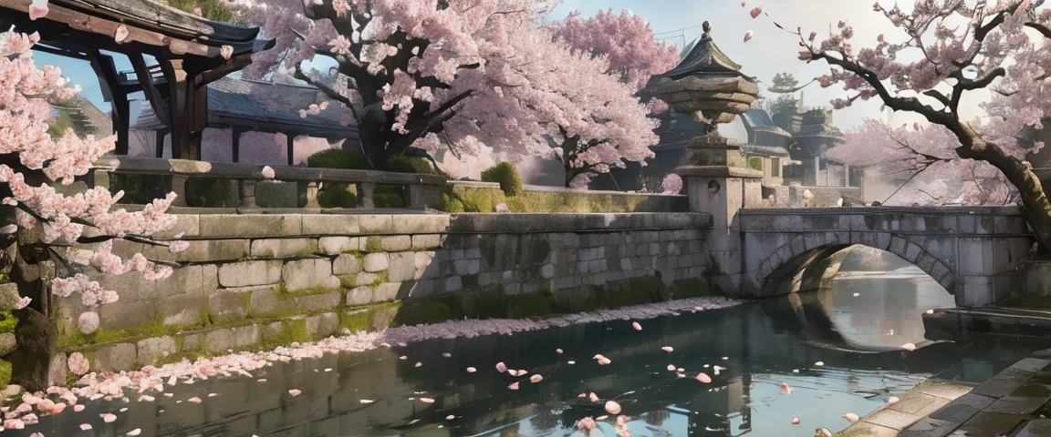 ((masterpiece, highest quality, Highest image quality, High resolution, photorealistic, Raw photo, 8K)), ((Extremely detailed CG unified 8k wallpaper)), An old castle at night, cherry trees planted along the moat are bewitchingly lit by torchlight, cherry blossoms reflected on the water surface create a magical atmosphere, a large moon floats in the dark sky, (cherry petals are scattered in the mist surrounding the area:1.5), fine petals and water texture, silhouette of the castle in the moonlight,