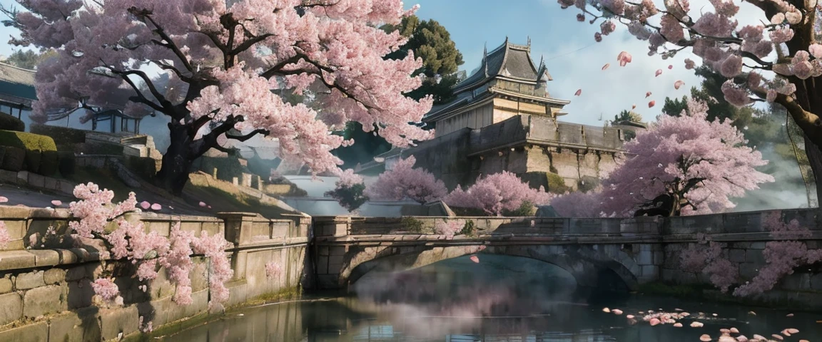((masterpiece, highest quality, Highest image quality, High resolution, photorealistic, Raw photo, 8K)), ((Extremely detailed CG unified 8k wallpaper)), An old castle at night, cherry trees planted along the moat are bewitchingly lit by torchlight, cherry blossoms reflected on the water surface create a magical atmosphere, a large moon floats in the dark sky, (cherry petals are scattered in the mist surrounding the area:1.5), fine petals and water texture, silhouette of the castle in the moonlight,