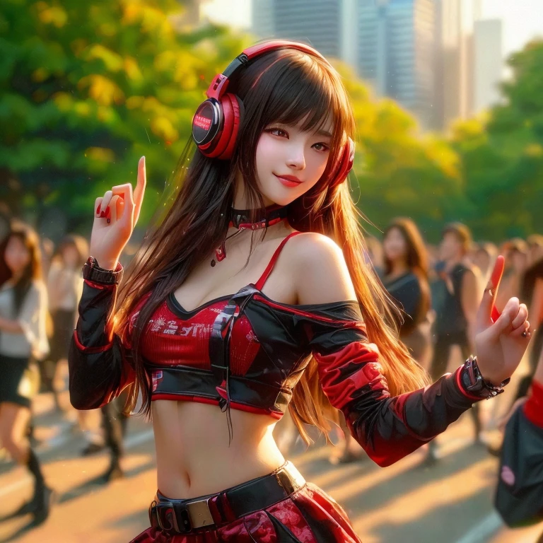 Girl wearing headphones and red clothes dancing in the crowd,4 k, 8k,  Beautiful digital art, Trending on cgstation,  Digital Cyberpunk Art, Digital Cyberpunk Art、8k、RAW Photos、highest quality、Real、Photorealistic、Professional Lighting、mix4、20d、Beautiful Teenage Woman、Japanese、1 female、Big beautiful eyes、Larger breasts、smile