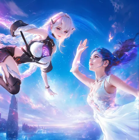 Anime girl flying over the city with girl in white dress, WLOP 和 Sakimichan, Keda and sam yang, Nixon and Sakimchan, Anime style...