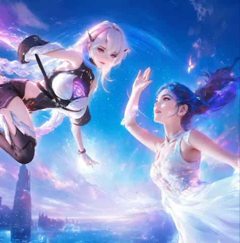 anime girl flying over the city with girl in white dress, wlop 和 sakimichan, keda and sam yang, nixon and sakimchan, anime style...