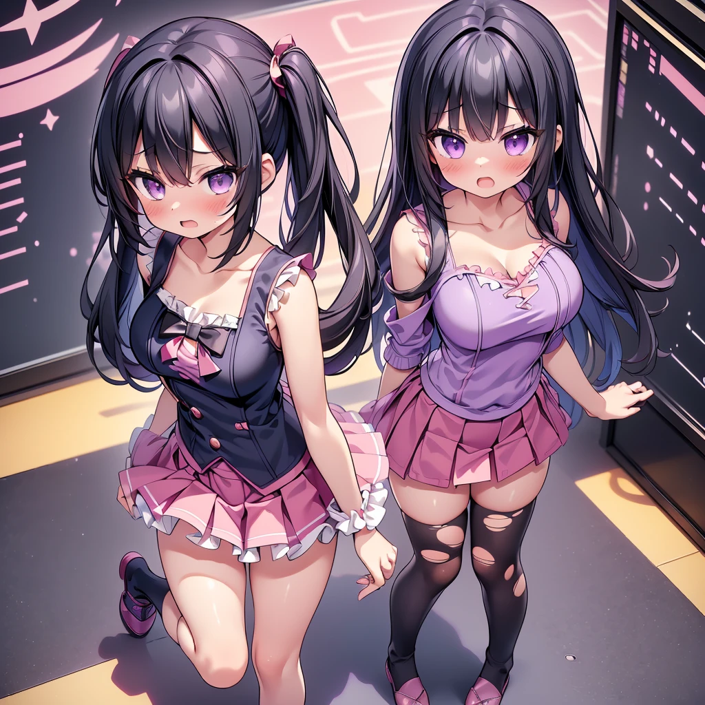 (8K、Best image quality、highest quality、masterpiece)、Detailed face、(2 girls, Black Hair, Purple Eyes, long hair)、Improve、 (magical pink girl outfit,frill mini skirt:1.2),  (skinny body), (huge breasts:1.1), (torn clothes:1.6), (open mouth), (embarrassed), Classroom Background, (black stockings:1.2), (Thighs:1.2), (Waistline), (from above:1.2)