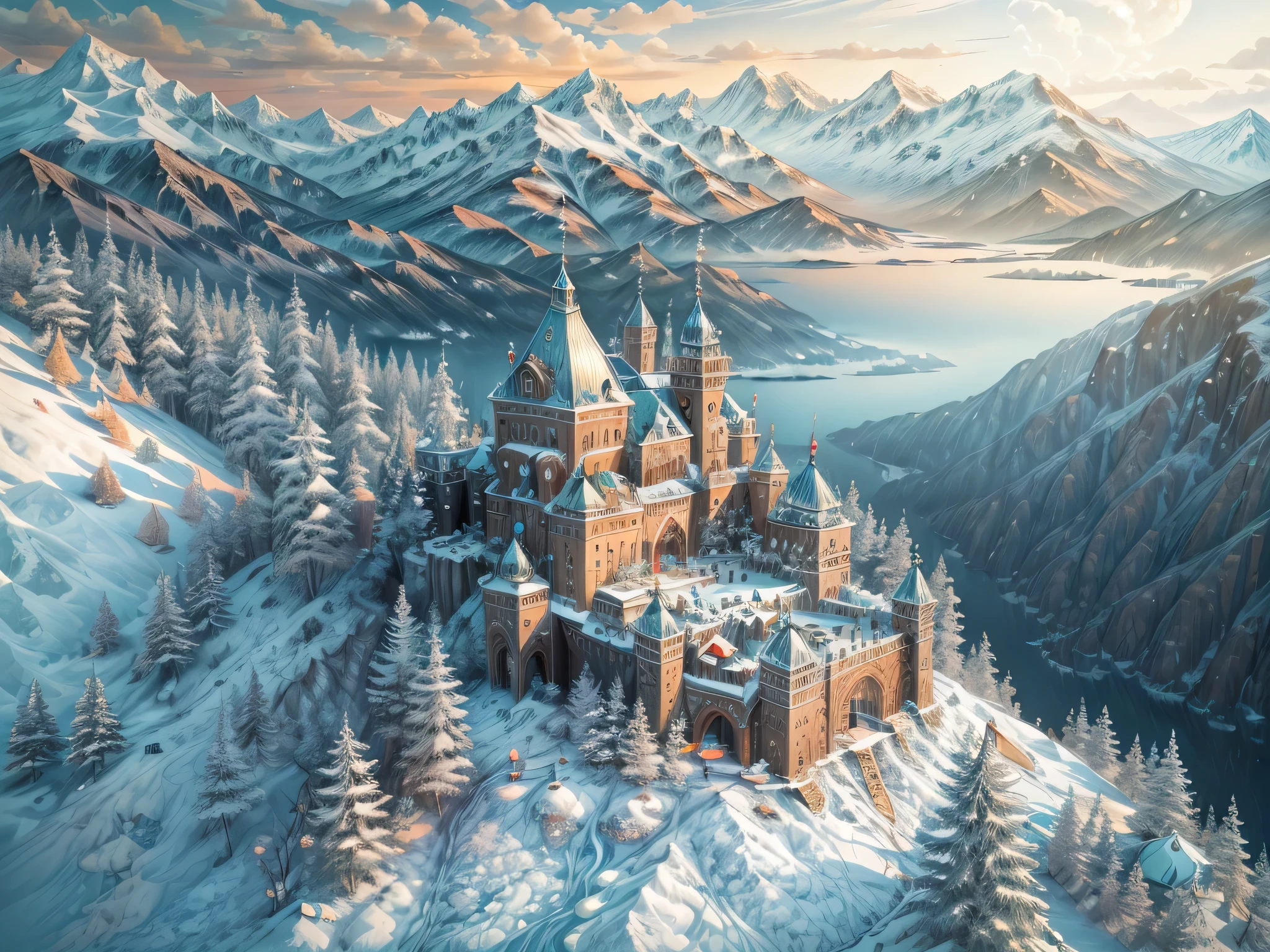 una fotografía panorámica premiada, Fotorrealista, extremadamente detallado de a castle Hecho from (hielo: 1.3) Hecho_de_hielo standing on the peak de a snowy mountain, an impressive best detailed castle Hecho from hielo (Fotorrealista, extremadamente detallado), con torres, puentes, un foso lleno de lava (Fotorrealista, extremadamente detallado),  standing on top de a snowy mountain (obra maestra, extremadamente detallado, mejor calidad), con pinos, luz del atardecer, algunas nubes en el aire,  fondo de la cordillera alpina, mejor realista, mejores detalles, mejor calidad, 16k, [ultra detallado], obra maestra, mejor calidad, (extremadamente detallado), tiro ultra ancho, photorealism, depth de field,