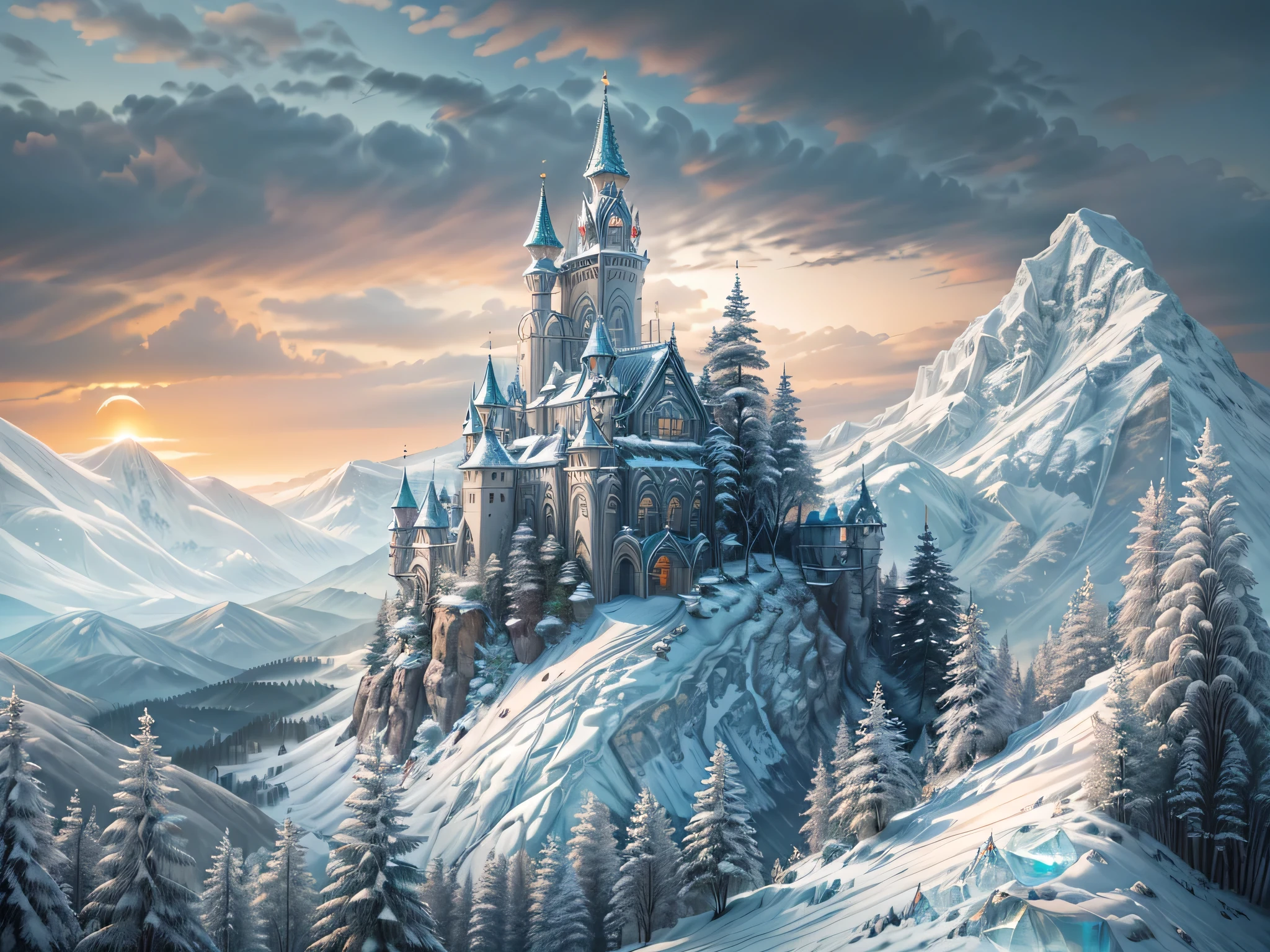 a panoramic award winning photography, Photorealistic, extremely detailed of a castle made from (ice: 1.3) made_of_ice standing on the peak of a snowy mountain, an impressive best detailed castle made from ice (Photorealistic, extremely detailed), with towers, bridges, a moat filled with lava (Photorealistic, extremely detailed),  standing on top of a snowy mountain (masterpiece, extremely detailed, best quality), with pine trees, sunset light, some clouds in the air,  alpine mountain range background, best realistic, best details, best quality, 16k, [ultra detailed], masterpiece, best quality, (extremely detailed), ultra wide shot, photorealism, depth of field,