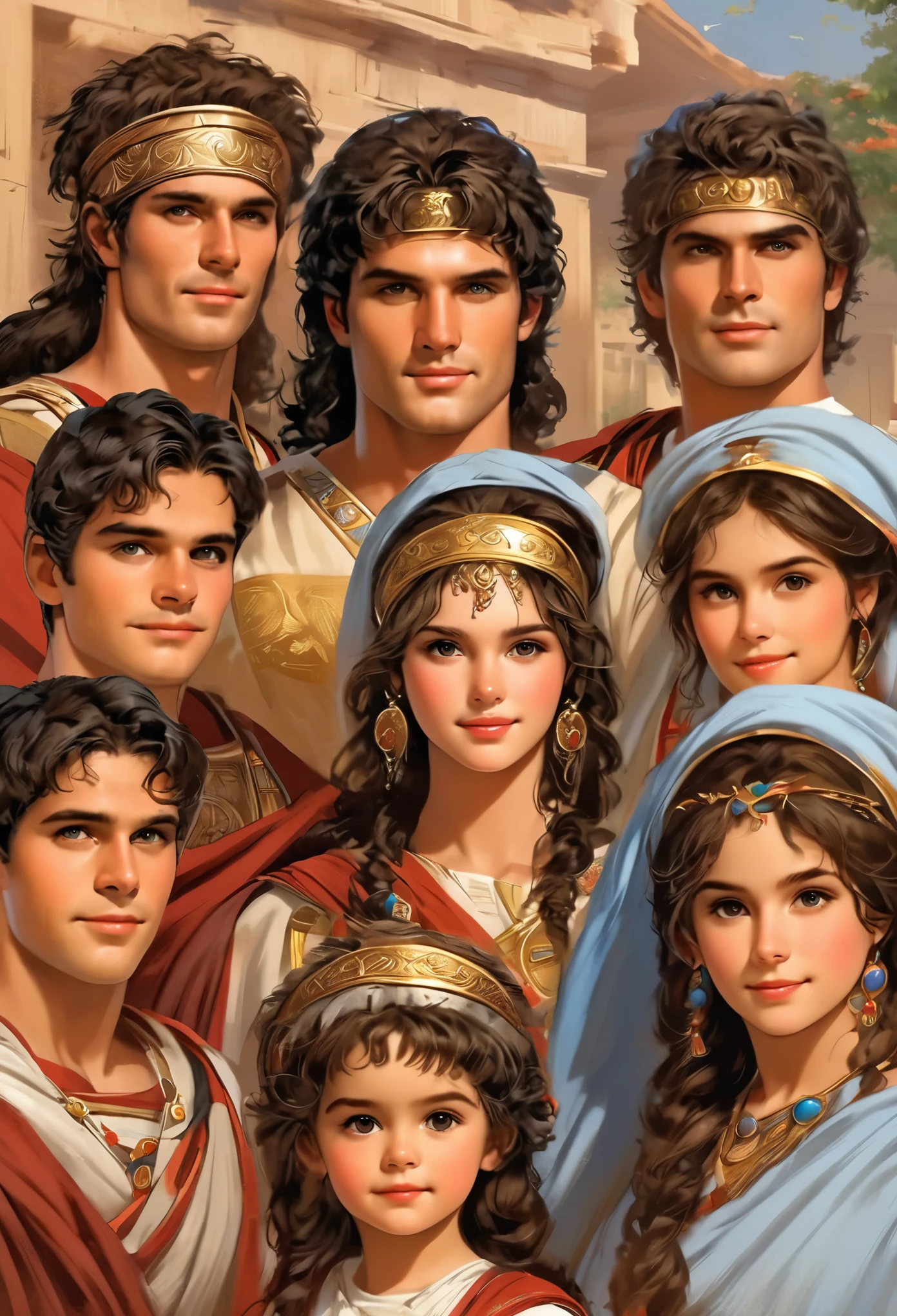 highly detailed very accurate ancient classical historical looking authentic accurate lifelike dignified very good looking beautiful and cute looking roman anime style ancient important extended roman bigger family group males females husband and his wife older also having included young kids servants in home gardens black or brown haired brown eyed darker mediterranean looking very italian full of life and colors multiethnic ancient Rome feeling