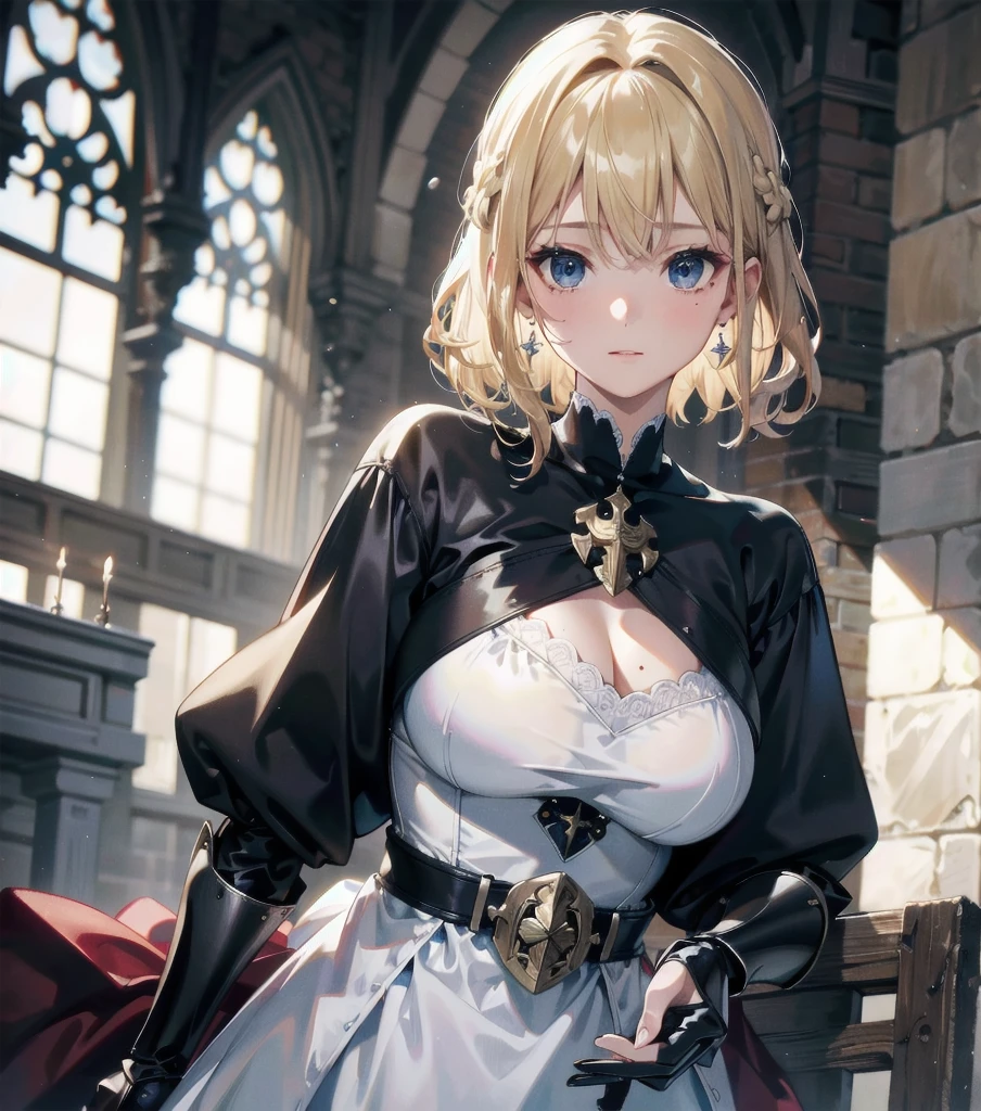 absurdres, RAW photo, extremely delicate and beautiful, masterpiece, Best Quality, ultra high resolution, 32k, hyperrealistic, ultra-detailed, 20 years old, detailed beautiful face, tearful mole, earring, very huge round breasts, short medium hair, wavy hair, wet clothes, (full body shot), alone, blonde hair, gauntlets, Joan of Arc, (surcoat), (cross armor),