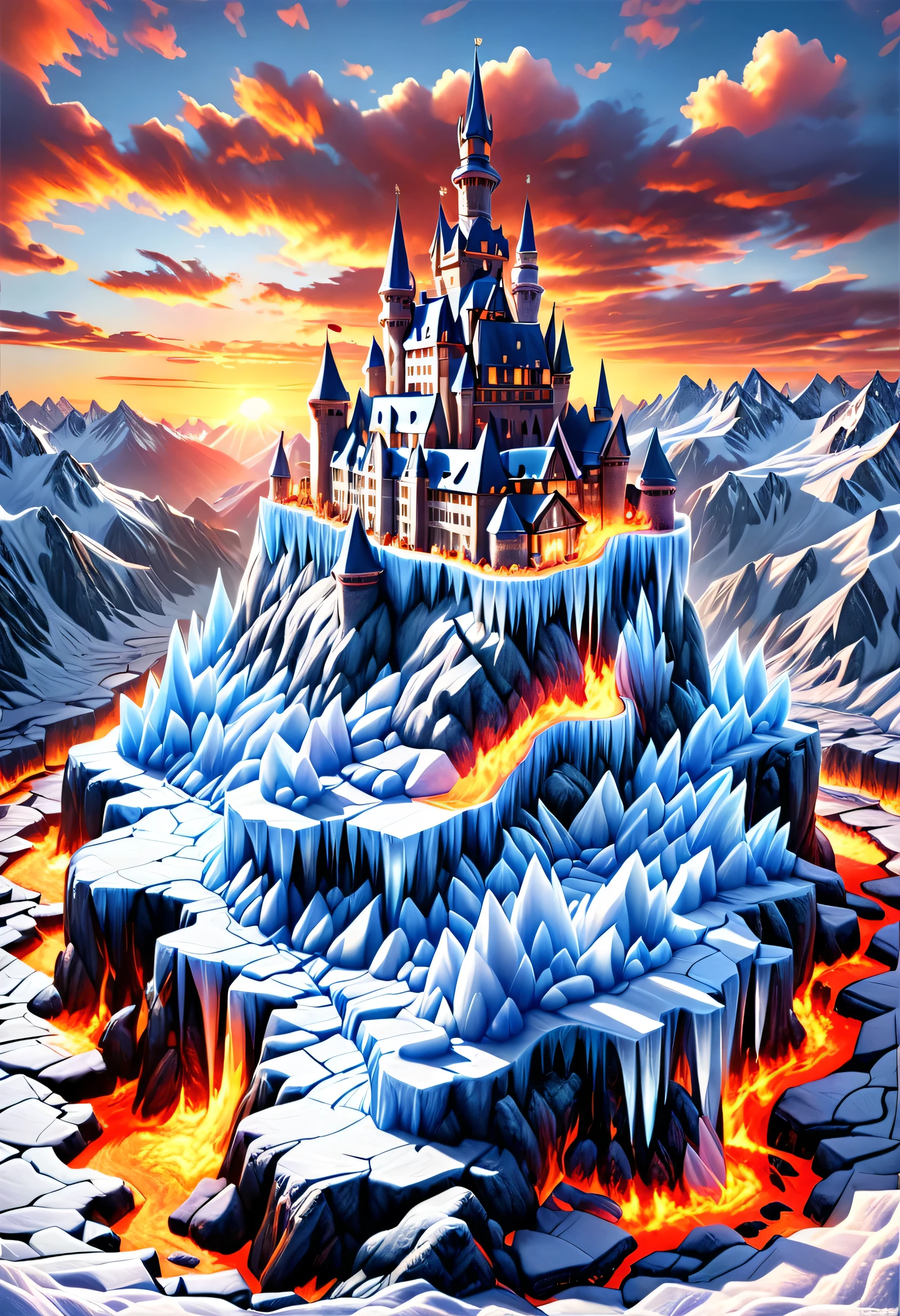 a panoramic award winning photography, Photorealistic, extremely detailed of a castle made from (ice: 1.3) made_of_ice standing on the peak of a snowy mountain, an impressive best detailed castle made from ice (Photorealistic, extremely detailed), with towers, bridges, a moat filled with lava (Photorealistic, extremely detailed),  standing on top of a snowy mountain (masterpiece, extremely detailed, best quality), with pine trees, sunset light, some clouds in the air,  alpine mountain range background, best realistic, best details, best quality, 16k, [ultra detailed], masterpiece, best quality, (extremely detailed), ultra wide shot, photorealism, depth of field, faize