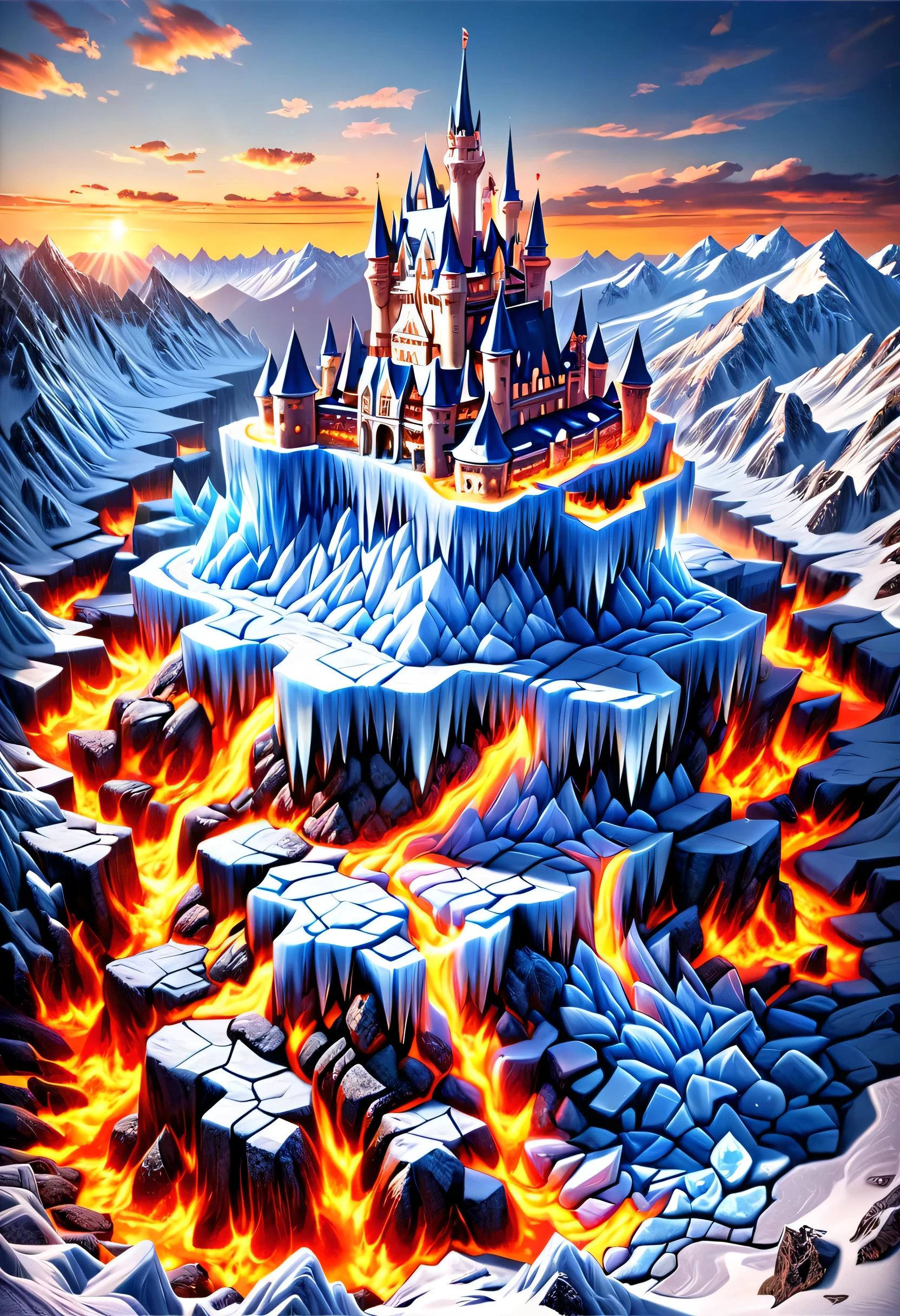 a panoramic award winning photography, Photorealistic, extremely detailed of a castle made from (ice: 1.3) made_of_ice standing on the peak of a snowy mountain, an impressive best detailed castle made from ice (Photorealistic, extremely detailed), with towers, bridges, a moat filled with lava (Photorealistic, extremely detailed),  standing on top of a snowy mountain (masterpiece, extremely detailed, best quality), with pine trees, sunset light, some clouds in the air,  alpine mountain range background, best realistic, best details, best quality, 16k, [ultra detailed], masterpiece, best quality, (extremely detailed), ultra wide shot, photorealism, depth of field, faize