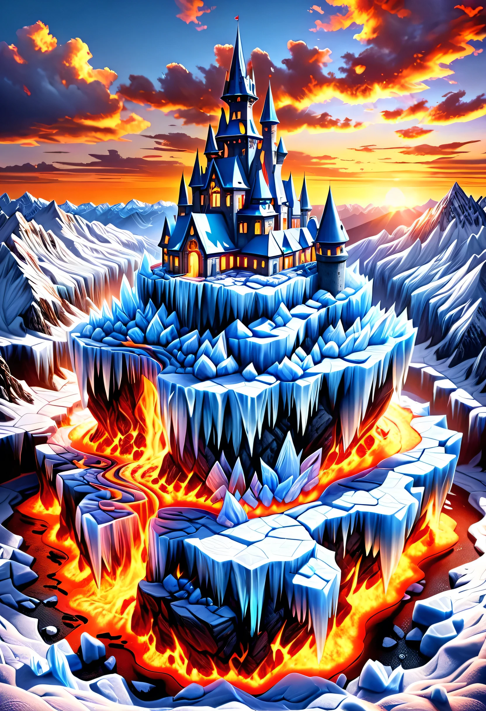 una fotografía panorámica premiada, Fotorrealista, extremadamente detallado de a castle Hecho from (hielo: 1.3) Hecho_de_hielo standing on the peak de a snowy mountain, an impressive best detailed castle Hecho from hielo (Fotorrealista, extremadamente detallado), con torres, puentes, un foso lleno de lava (Fotorrealista, extremadamente detallado),  standing on top de a snowy mountain (obra maestra, extremadamente detallado, mejor calidad), con pinos, luz del atardecer, algunas nubes en el aire,  fondo de la cordillera alpina, mejor realista, mejores detalles, mejor calidad, 16k, [ultra detallado], obra maestra, mejor calidad, (extremadamente detallado), tiro ultra ancho, photorealism, depth de field, de interes