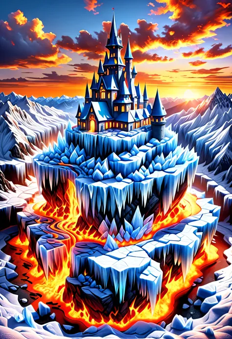 a panoramic award winning photography, Photorealistic, extremely detailed of a castle made from (ice: 1.3) made_of_ice standing ...