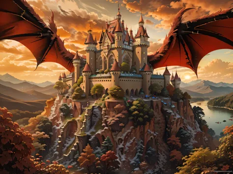 a panoramic award winning photography, Photorealistic, extremely detailed of a castle being attacked by a dragon, an impressive ...