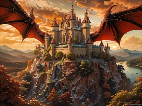 a panoramic award winning photography, photorealistic, extremely detailed of a castle being attacked by a dragon, an impressive ...