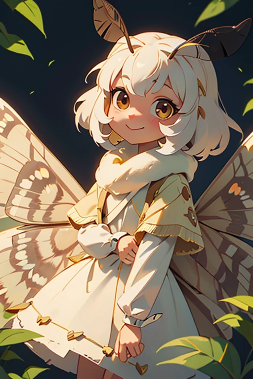 solo,1woman\(cute,kawaii,small kid,skin color white,short white hair,(big moth wing hair:1.7),white dress\(beautiful race\),(2moth antennaes at hair:1.2),big evil smile,[moth wing on back:2.0],[moth wing on body:2.0],[moth wings:2.0],[extra arm],moth wing is only at hair\),background\(dappled sunlight,beautiful forest,dark,\), BREAK ,quality\(8k,wallpaper of extremely detailed CG unit, ​masterpiece,hight resolution,top-quality,top-quality real texture skin,hyper realisitic,increase the resolution,RAW photos,best qualtiy,highly detailed,the wallpaper,cinematic lighting,ray trace,golden ratio,\)